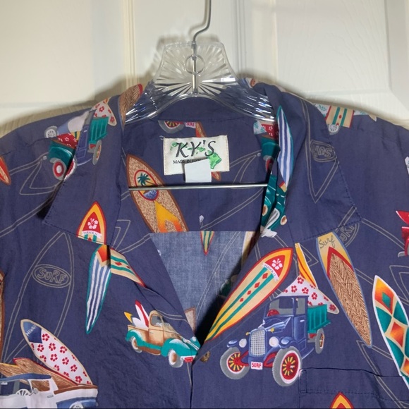 KY’s Blue Multicolor Hot Rod/Surf Board Print Button Up Shirt 2XL - Picture 4 of 9